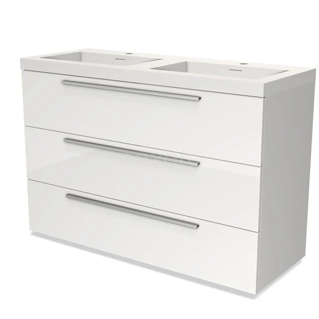 Weißes Badmöbel mit Doppelwaschbecken, drei geräumigen Schubladen und eleganten Aluminium Haltegriffen, ideal für moderne Badezimmerlagerung.
