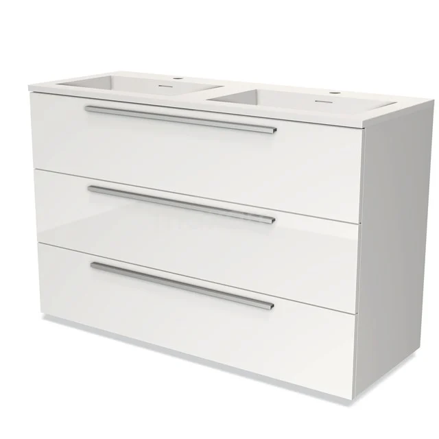 Weißes Waschtischmöbel mit doppeltem Waschbecken, schlichten Metallgriffen und modernem Design, ideal für ein stilvolles Badezimmer.