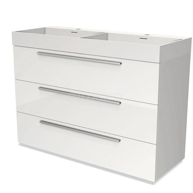 Weißer Badschrank mit drei Schubladen, glänzender Oberfläche und Doppelwaschbecken, ideal für moderne Badezimmer.