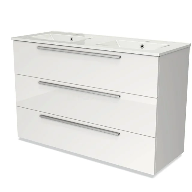 Modulo Vanity units with basin | 120 cm High-gloss white Flat front Ceramic 3 drawers BMW19-01247