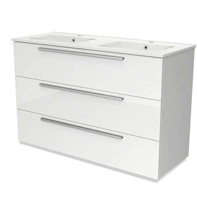 Weißes Doppel-Waschtischmöbel mit drei Schubladen, eleganten chromatischen Haltegriffen und modernem Design, perfekt für jedes Badezimmer.