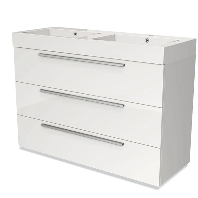 Modern white bathroom cabinet with double basin, three spacious drawers and sleek metal handles, ideal for bathroom storage.