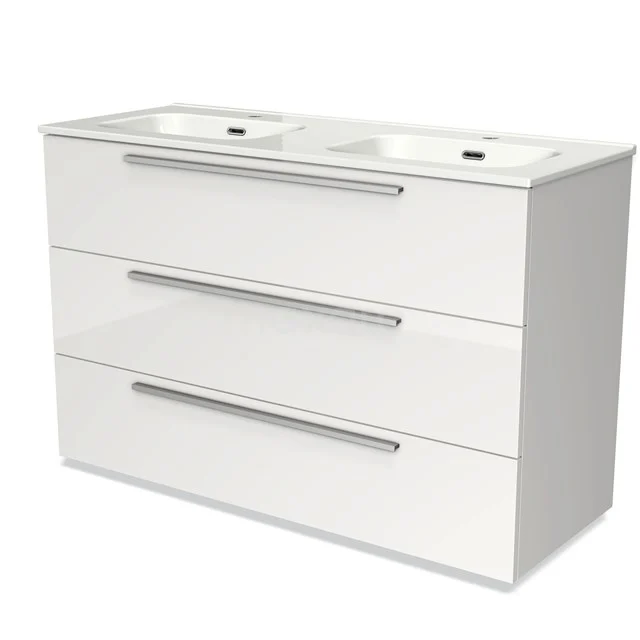 White bathroom unit with double basin, three spacious drawers and sleek design, perfect for modern bathroom set-ups.