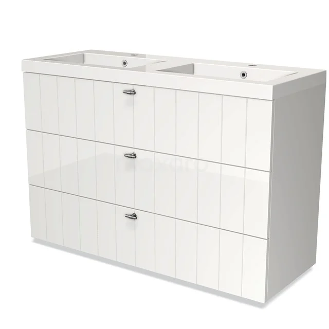 Modulo Bathroom furniture with sink | 120 cm High-gloss white Slat front Mineral marble 3 drawers BMW19-01253 White double vanity unit with integrated sink, three drawers and vertical lines; ideal for a modern bathroom style.