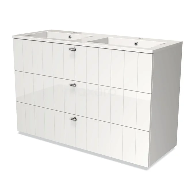 Modulo Vanity units with basin | 120 cm High-gloss white Slat front Mineral marble 3 drawers BMW19-01254 White vanity unit with double sink and handleless drawers, modern design, ideal for bathroom storage solutions.