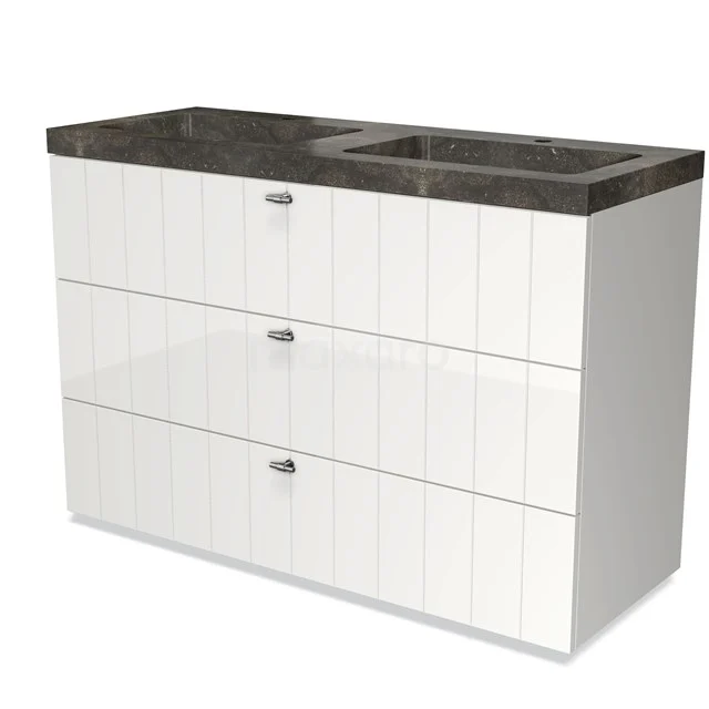 White bathroom unit with three drawers, black marble basin worktop and built-in sink, modern design.