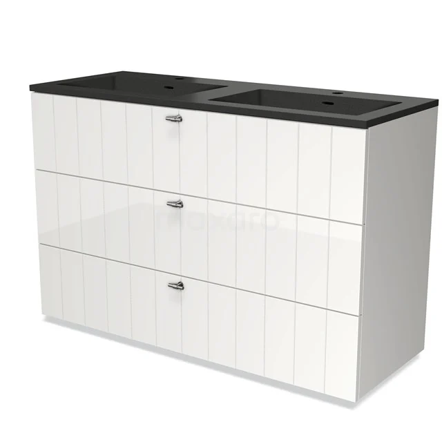 White bathroom unit with double basin in black, modern matte finish and three drawers for extra storage space.