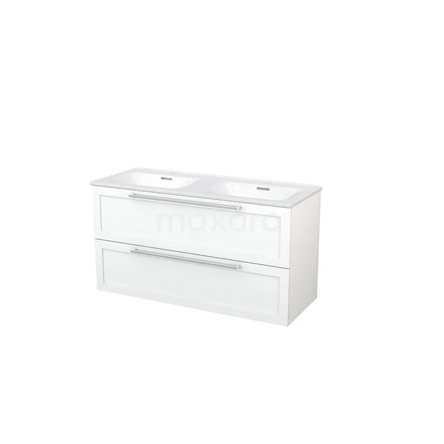 White Bathroom unit with double basin, sleek drawers and a modern finish, ideal for stylish bathroom decor.