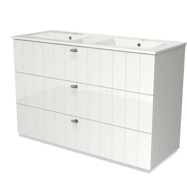 White wooden bathroom unit with double basin, vertical panels and three spacious drawers for practical storage space.