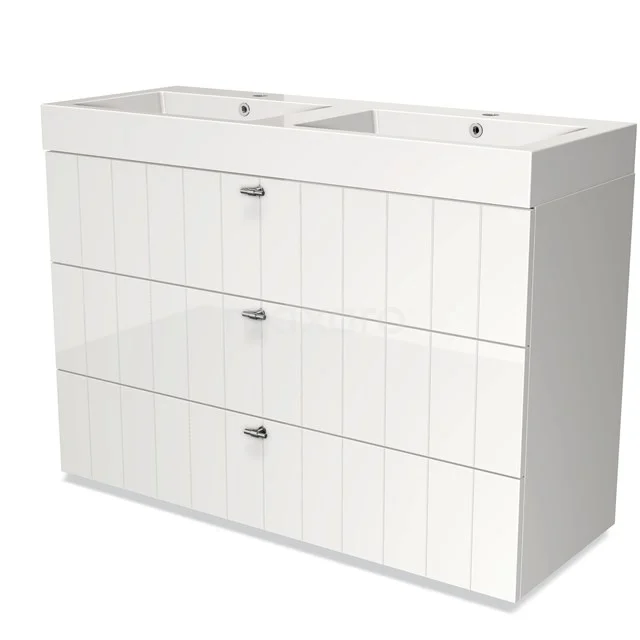 White bathroom unit with double basin, three drawers with relief and metal handles, perfect for modern bathroom storage.