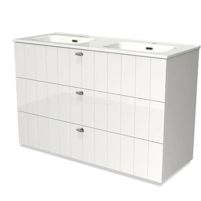 White double vanity unit with vertical panel structure and three spacious drawers, ideal for stylish bathroom storage.
