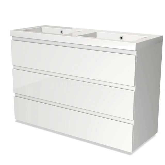 White double vanity unit with drawers, modern design, ideal for a stylish bathroom design.