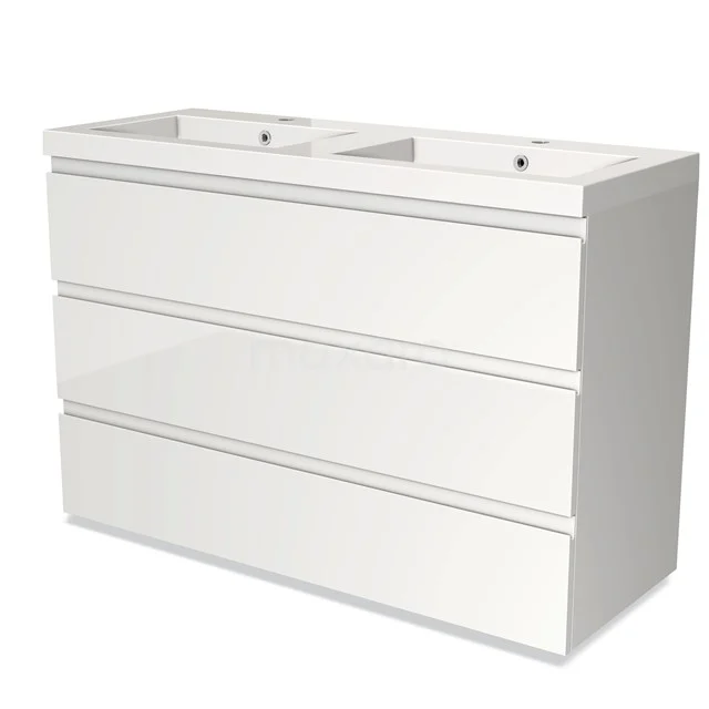 White double vanity unit with sleek design, three soft-close drawers and glossy finish, ideal for modern bathrooms.