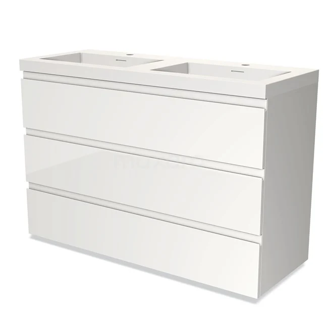 White vanity units with basin, modern design, with three handleless drawers; ideal for stylish storage space.