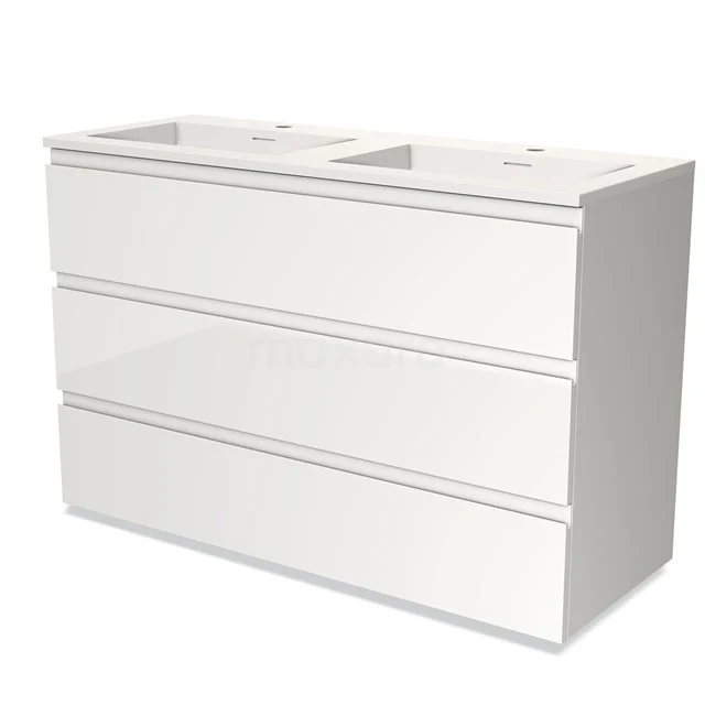 White lacquered double basin base cabinet with soft-close drawers, perfect for a modern bathroom design.