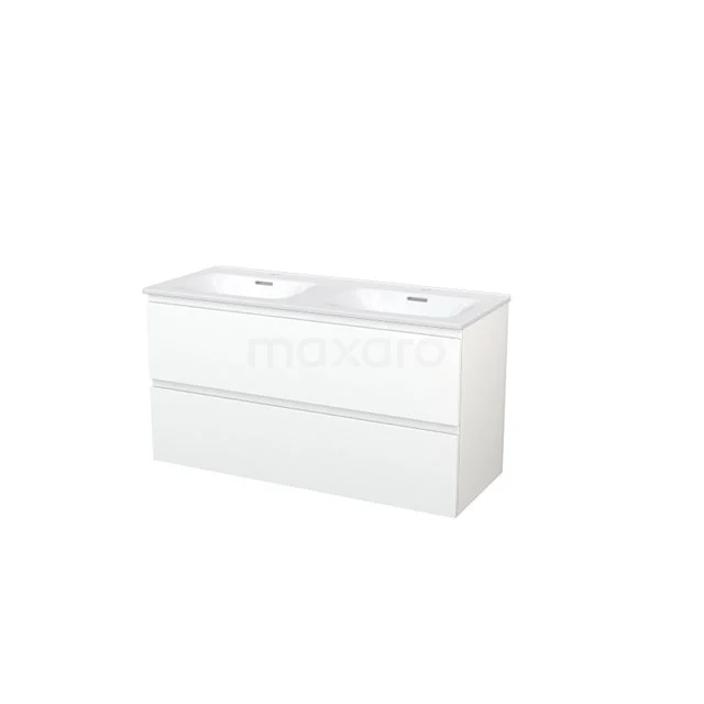 Modulo+ Bathroom furniture with sink | 120 cm Matte white Handle-less front Ceramic 2 Stacked drawers BMP004781 White double bathroom unit with glossy finish, two sinks and spacious drawers, ideal for modern bathroom design.