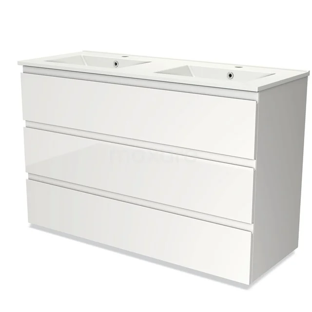 Modulo Bathroom furniture with sink | 120 cm High-gloss white Handle-less front Ceramic 3 drawers BMW19-01276 White bathroom unit with double basin, modern look and three spacious drawers, ideal for bathroom storage.
