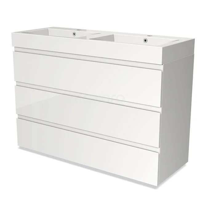 Modulo Vanity units with basin | 120 cm High-gloss white Handle-less front Mineral marble 3 drawers BMW19-01277