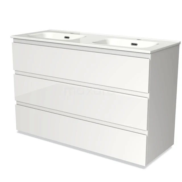 White double vanity unit made of high-gloss white MDF with three soft-close drawers, ideal as a stylish storage solution in the bathroom.