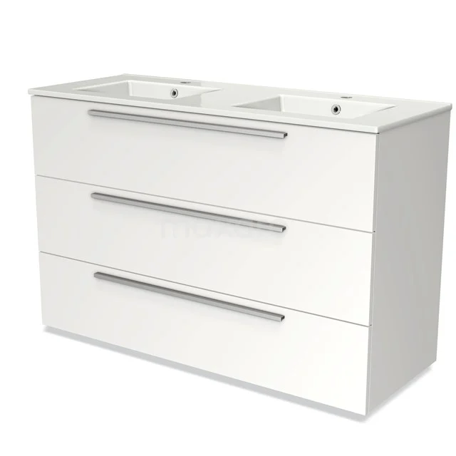 White bathroom unit with double basin, sleek design, three drawers and chrome handles.