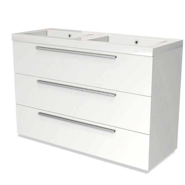 Weißes Doppel-Badmöbel mit drei Schubladen, modernem Designstil und integrierten Waschbecken, ideal für geräumige Bäder.