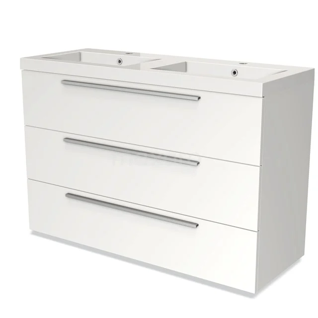 White Bathroom unit with double basin, three wide drawers and sleek metal handles, perfect for modern bathrooms.
