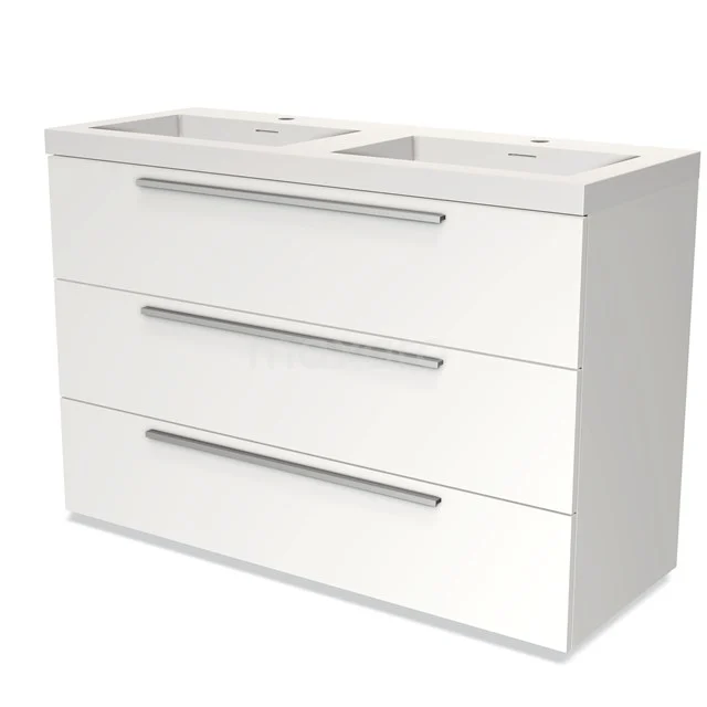 Badmöbel 120cm Modulo Matt Weiß 3 Schubladen Flaches Solid Surface Waschbecken BMW19-01283 Weißes Badezimmermöbel mit Doppelwaschbecken, drei geräumigen Schubladen und eleganten Metallgriffen, ideal für moderne Badezimmerlagerung.