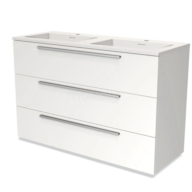 White bathroom furniture set with three drawers, double basin and sleek metal handles; modern design made of high-quality materials.