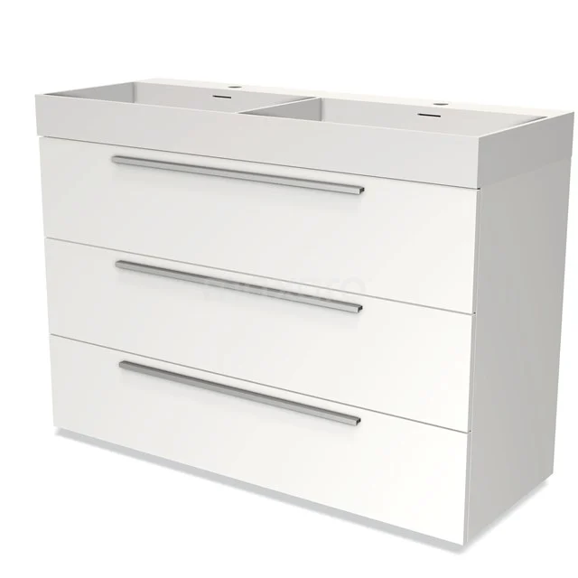 White bathroom furniture set with double sink, three wide drawers and slim chrome handles, ideal for modern bathrooms.