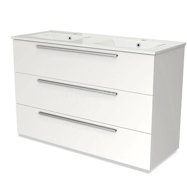 Badmöbel 120cm Modulo Matt Weiß 3 Schubladen Flaches Waschbecken Keramik BMW19-01289 Weiße Badmöbel mit Doppelwaschbecken, drei Ladefronten und chromatischen Haltegriffen, modernes Design mit klaren Linien.