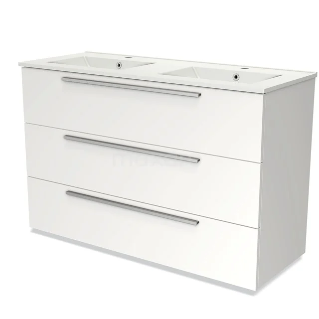 White Bathroom unit with double basin, sleek metal handles and three spacious drawers, ideal for modern bathrooms.