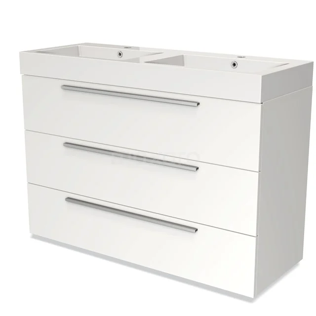 Weiße Badmöbelset mit Doppelwaschbecken, schlichten Metallgriffen und drei Schubladen, modernes Design für jedes Badezimmer.