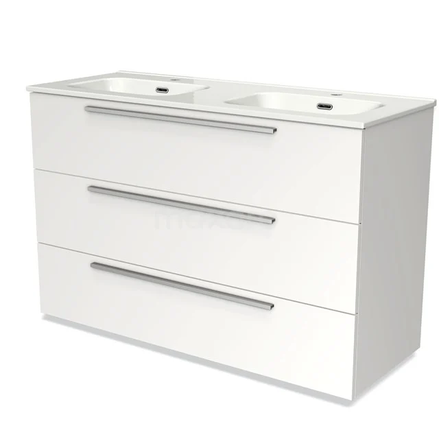 White bathroom furniture set with double basin, sleek chrome handles and three spacious drawers for practical storage space.