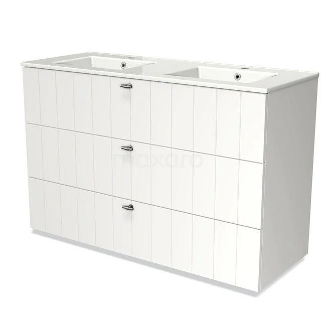 White double vanity unit with panel structure, three drawers and modern finish, perfect for any stylish bathroom.