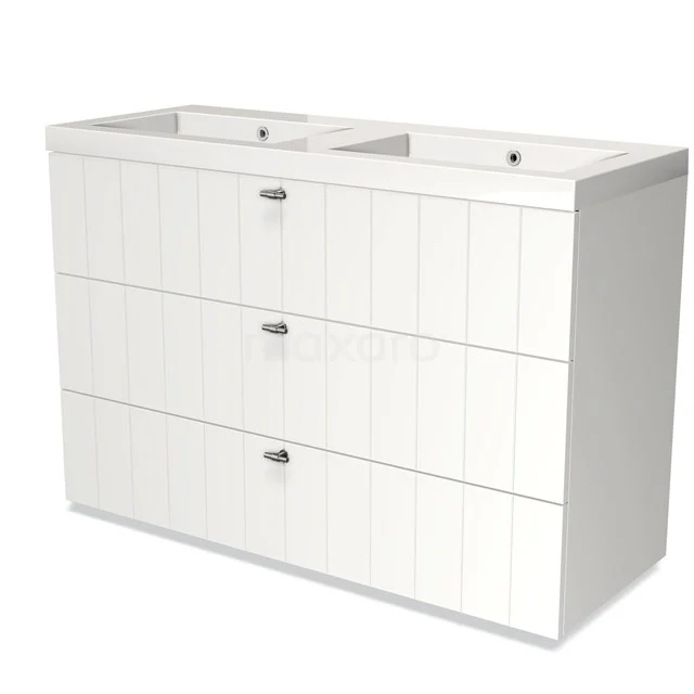 White bathroom unit with double basin, three handleless drawers and a modern, vertical line structure.
