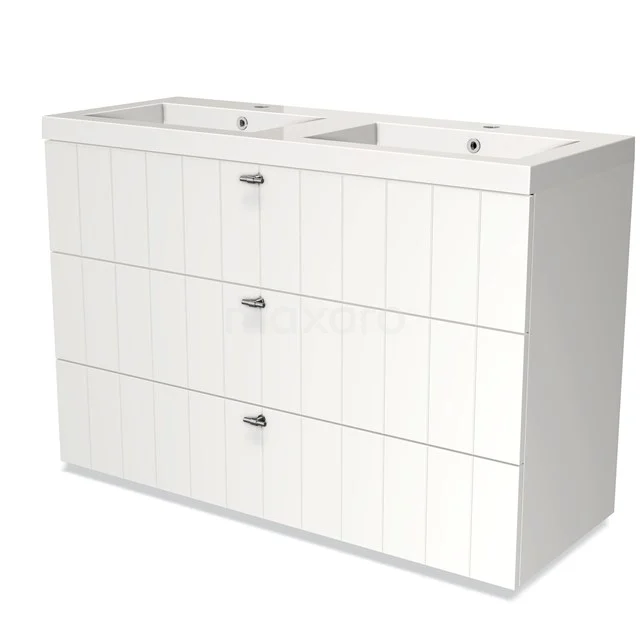Modulo Vanity units with basin | 120 cm Matte white Slat front Mineral marble 3 drawers BMW19-01295 White bathroom unit with vanity units with basin, vertical lines on drawers, modern design, ideal for spacious bathrooms.