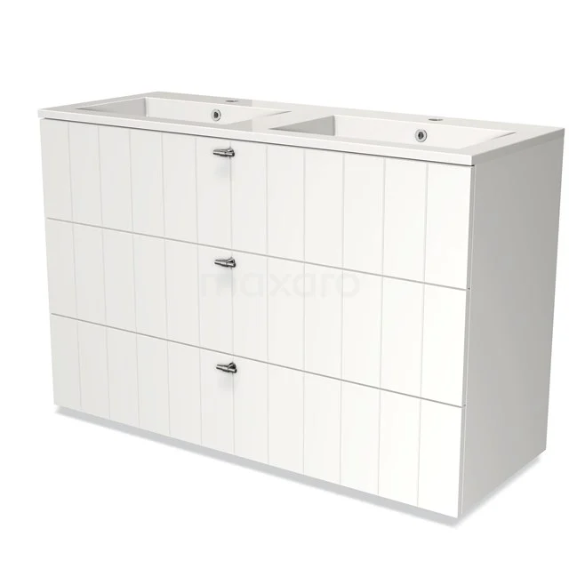 White wooden bathroom unit with double basin, three drawers and vertical groove details for a modern bathroom style.