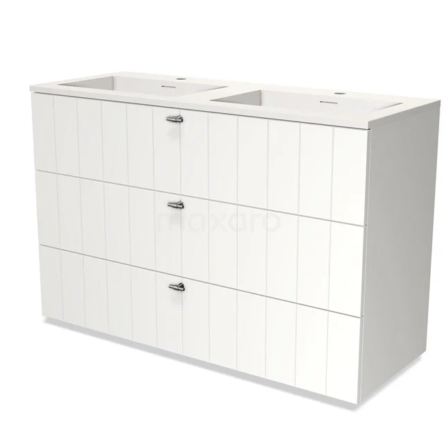 White bathroom unit with double basin, modern panels, and three spacious drawers for efficient storage space.