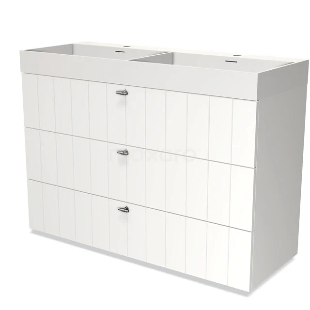 White bathroom unit with double basin, three drawers and vertical panel design; clean and timeless design.