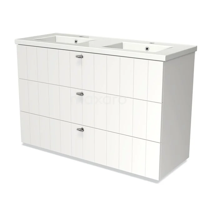 White wooden bathroom unit with double basin, vertical grooves and three spacious drawers for stylish and practical furnishing.