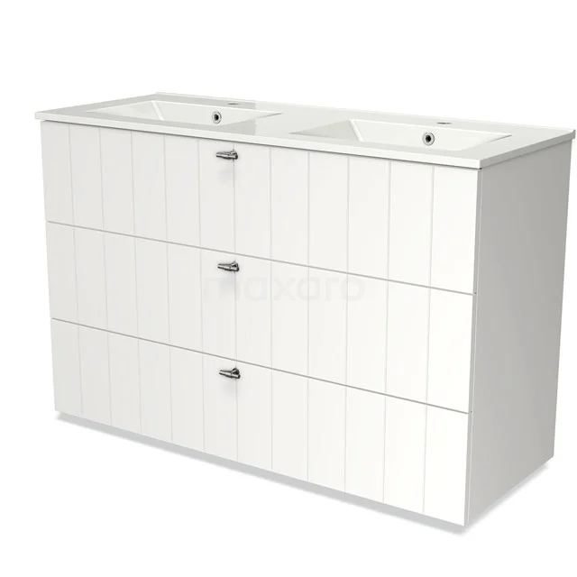 White, double vanity unit with vertical wood grain panels and three spacious drawers; stylish and practical for any modern bathroom.
