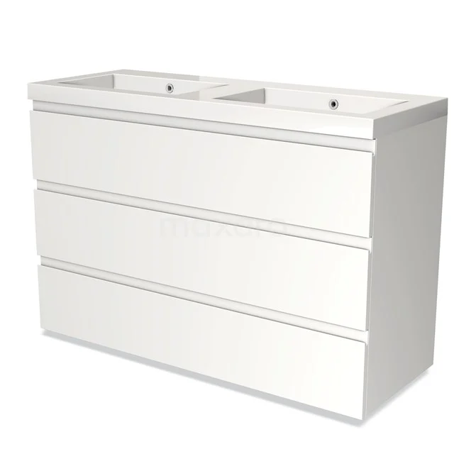 Badmöbel 120cm Modulo Matt Weiß 3 Schubladen Griffloses Waschbecken Mineralguss BMW19-01308 Weißes Doppelwaschbeckenmöbel, rechteckiges Design mit 3 Schubladen, geeignet für moderne Badezimmergestaltung.