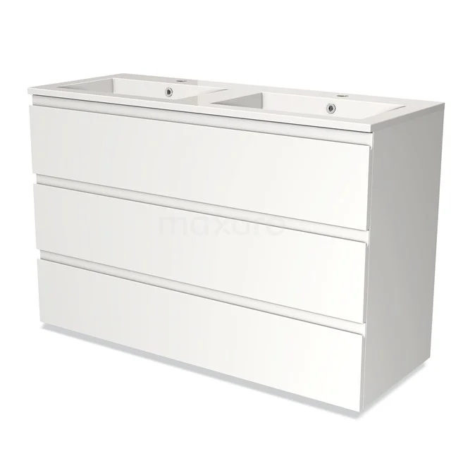 White double vanity unit with 3 drawers, modern design, perfect for bathroom storage.