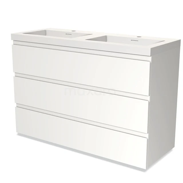 White double vanity unit in modern design with clean lines, three drawers and glossy finish, ideal for the bathroom.