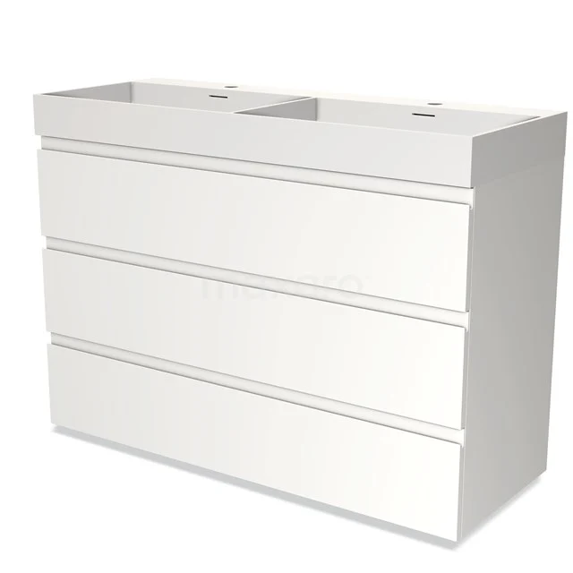 White double vanity unit with three smooth drawers, modern design, perfect for stylish bathroom storage.