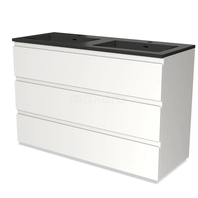 White bathroom unit with black double basin worktop, 3 wide drawers, sleek design for modern bathroom design.