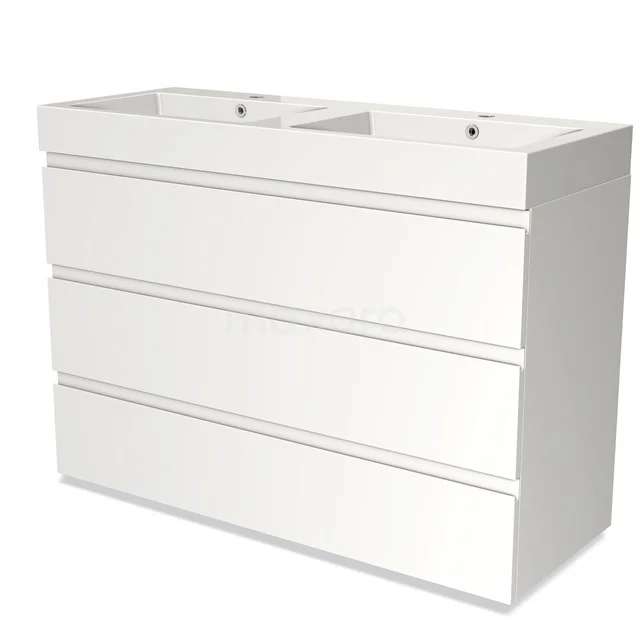 White double vanity unit with three drawers, sleek design, ideal for a modern bathroom.