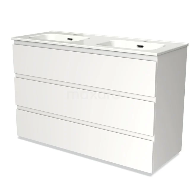 White bathroom unit with double basin, modern design, three drawers and glossy finish. Perfect for contemporary bathrooms.