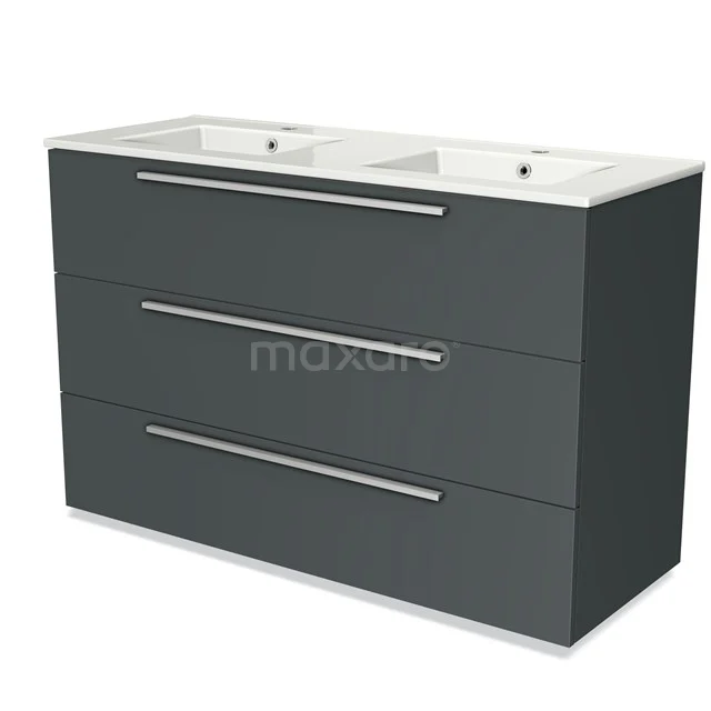 Dark grey double basin with sleek drawers, modern design and chrome handles, ideal addition to any stylish bathroom.
