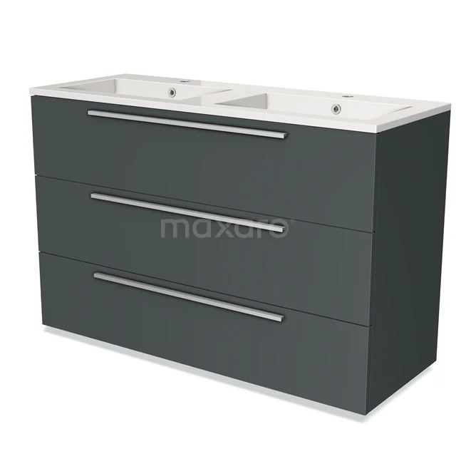 Dark grey bathroom furniture set with double basin, three drawers and sleek design, ideal for modern bathrooms.